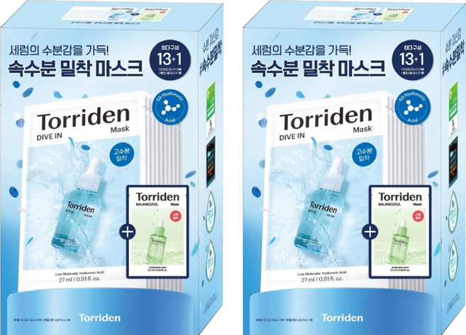 Torriden 官方直營 5D微分子玻尿酸保濕面膜 27ml 13片 + 舒緩急救面膜 25ml, 14個裝, 2組
