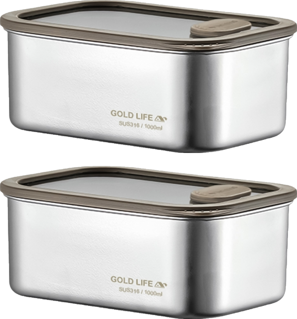 GOLD LIFE 鎖味留鮮 可微波不鏽鋼保鮮盒 1L, 2個, 容器 1個 + 蓋子 1個