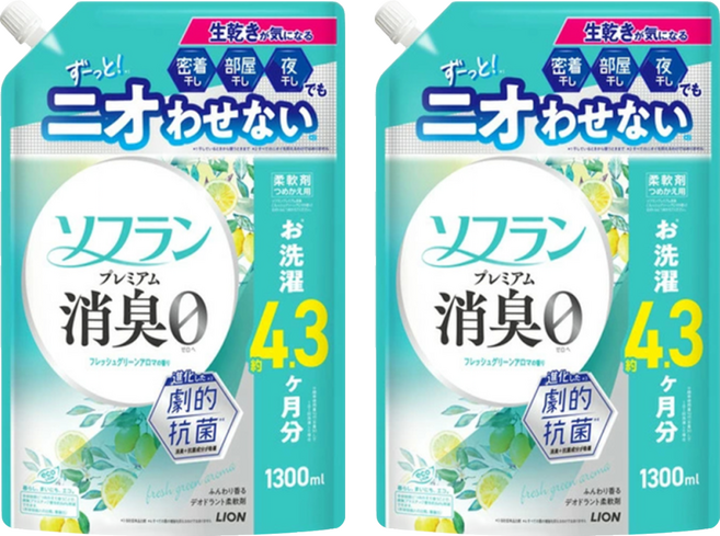 LION 獅王 Soflan 強力消臭柔軟精 清新綠香 補充包, 2個, 1.3L