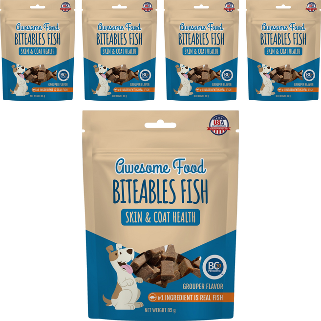 BITEABLES FISH 益口鮮 犬用益生菌皮毛保健魚丁, 85g, 5包, 石斑魚風味