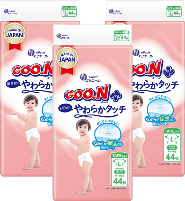 GOO.N 大王 日本境內版 SJ柔觸肌系列 黏貼型尿布 9~14kg, 132片, L