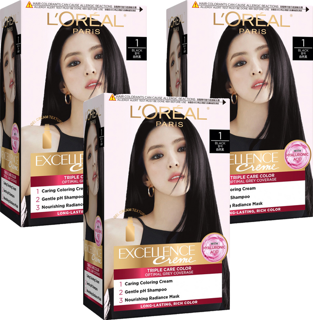 L'OREAL PARiS 巴黎萊雅 優媚霜三重護髮染髮霜 1, 自然黑色, 3個