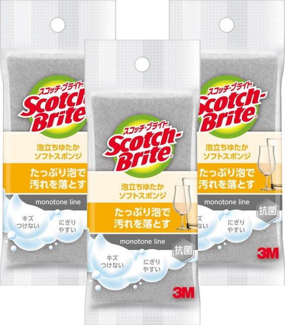 3M Scotch-Brite 百利 日系3層海綿菜瓜布 細緻柔刷, 3個, 1個裝, 灰色