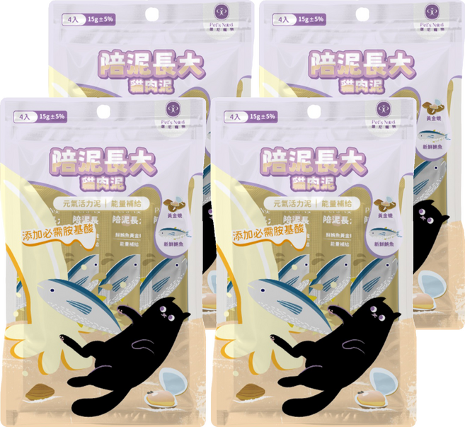 Pet's Need 霈尼 全齡貓 陪泥長大貓肉泥/元氣活力泥, 鮪魚 + 黃金蜆, 60g, 4袋