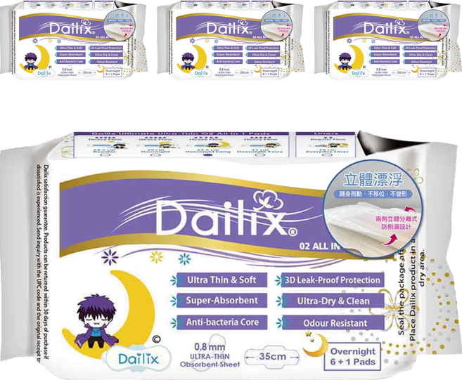 Dailix 立體漂浮吸血鬼超瞬吸抑菌淨味乾爽衛生棉 護翼型, 4個, 7片, 35cm