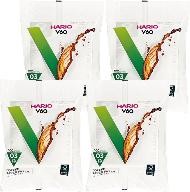 HARIO 好璃奧 V60 #03漂白濾紙 1~6杯, 100張, 4包