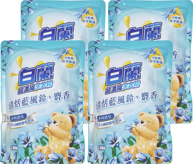 白蘭 含熊寶貝馨香精華洗衣精補充包 清恬藍風鈴 + 麝香, 1.6kg, 4個