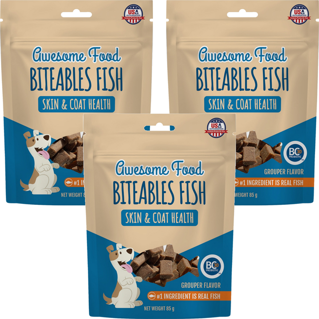 BITEABLES FISH 益口鮮 犬用益生菌皮毛保健魚丁, 85g, 3包, 石斑魚風味