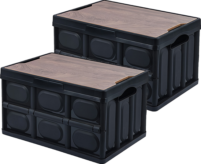 手提露營摺疊箱 木蓋折疊箱 55L, 黑色, 2個