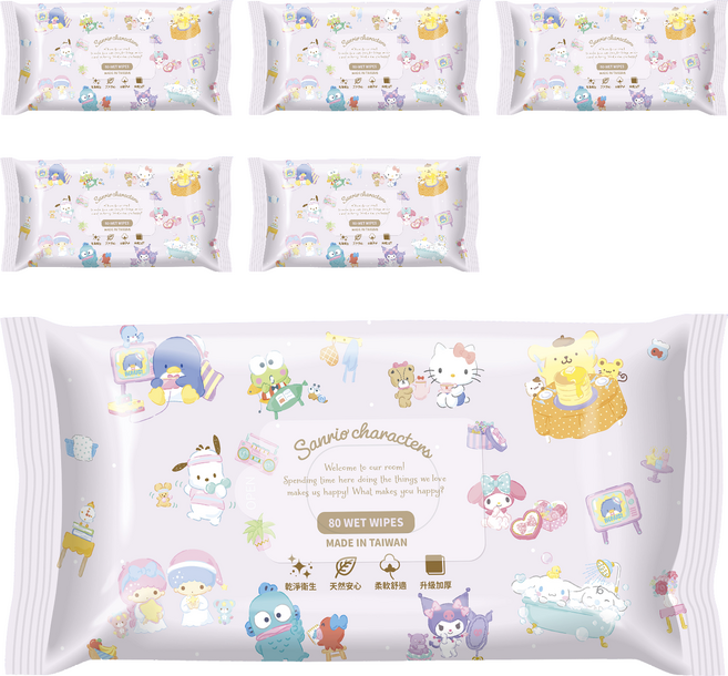 Sanrio 三麗鷗 加厚純水濕紙巾 恬靜時光 80張, 6個, 1個裝