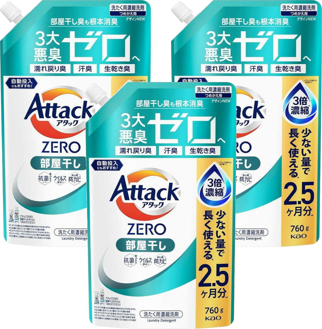 Attack 一匙靈 ZERO 濃縮洗衣精 室內晾衣 補充裝, 760g, 3個