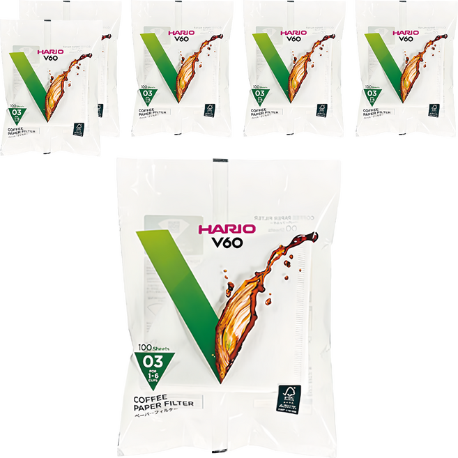 HARIO 好璃奧 V60 #03漂白濾紙 1~6杯, 100張, 6包