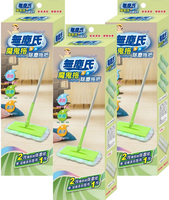 無塵氏 魔鬼超纖濕用拖布 拖把補充包2枚 + 除塵紙1枚, 3組