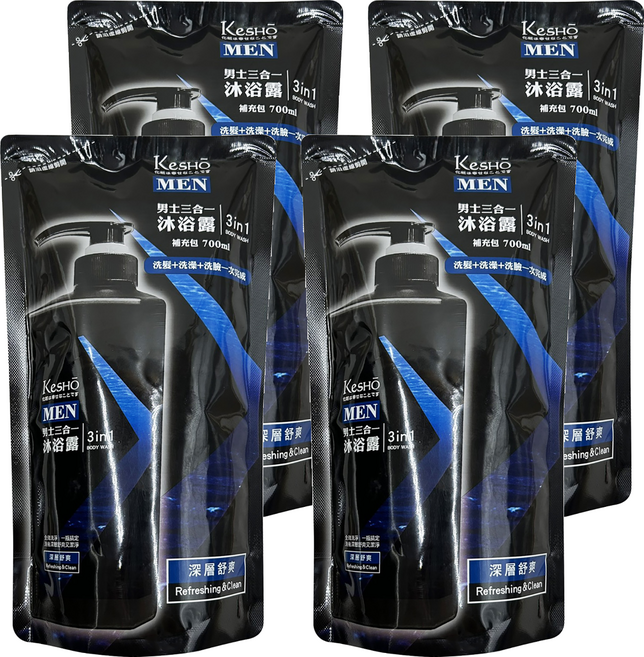 KeSHO 男士三合一深層舒爽沐浴露補充包, 4個, 700ml