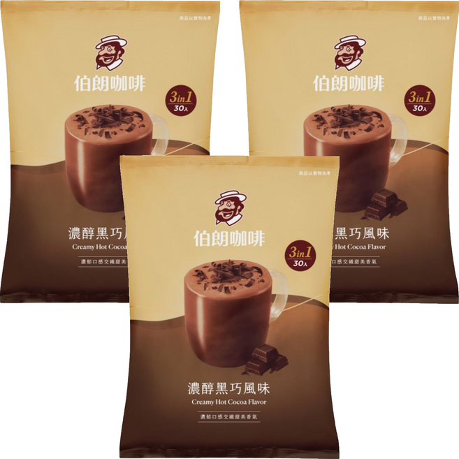 金車 MR.BROWN 伯朗咖啡 濃醇黑巧三合一, 21.5g, 3套, 30個裝