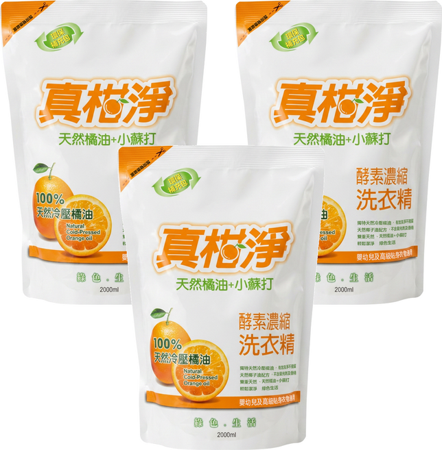 真柑淨 天然橘油洗衣精 補充袋, 3個, 2L
