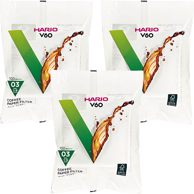 HARIO 好璃奧 V60 #03漂白濾紙 1~6杯, 100張, 3包