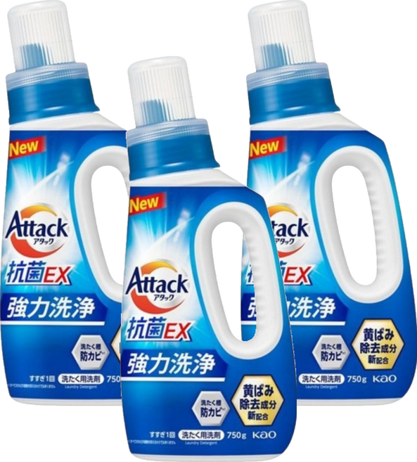 Attack 一匙靈 強效洗衣精 強效清潔去泛黃, 750g, 3個