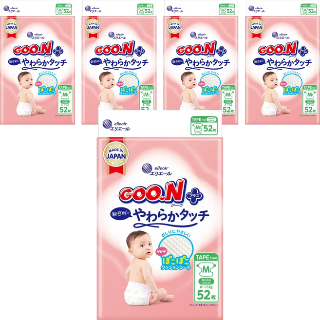 GOO.N 大王 日本境內版 SJ柔觸肌系列 黏貼型尿布 6~11kg, M, 260片