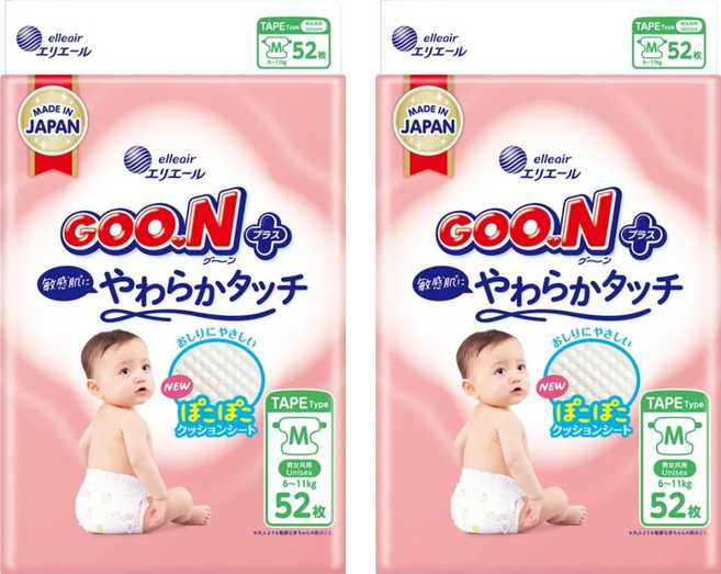 GOO.N 大王 日本境內版 SJ柔觸肌系列 黏貼型尿布 6~11kg, 104片, M