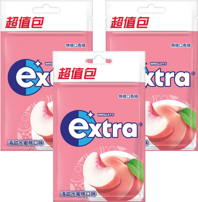 Extra 益齒達 潔淨無糖口香糖 清甜水蜜桃, 62g, 3個