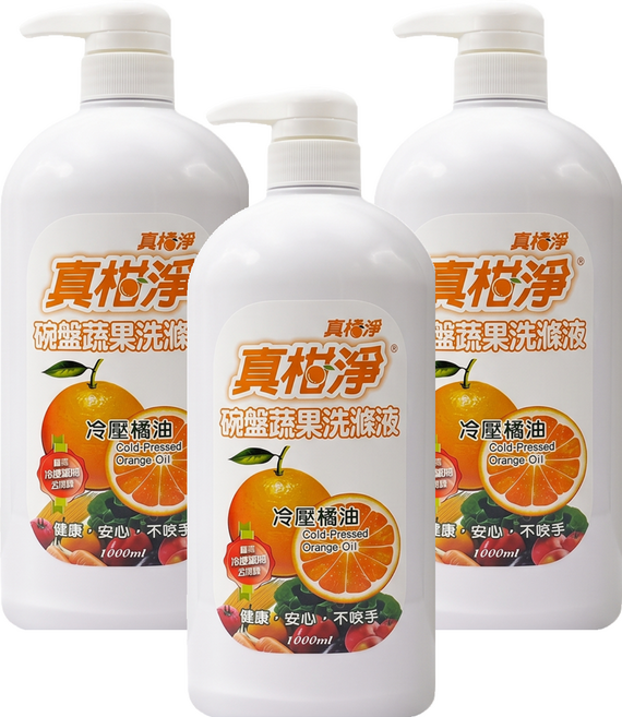 真柑淨 冷壓橘油碗盤蔬果洗潔液, 3個, 1L