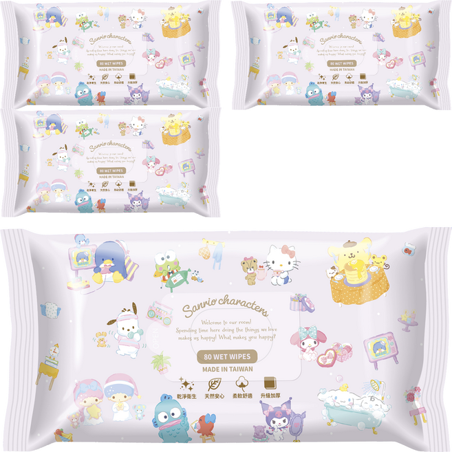Sanrio 三麗鷗 加厚純水濕紙巾 恬靜時光 80張, 4個, 1個裝