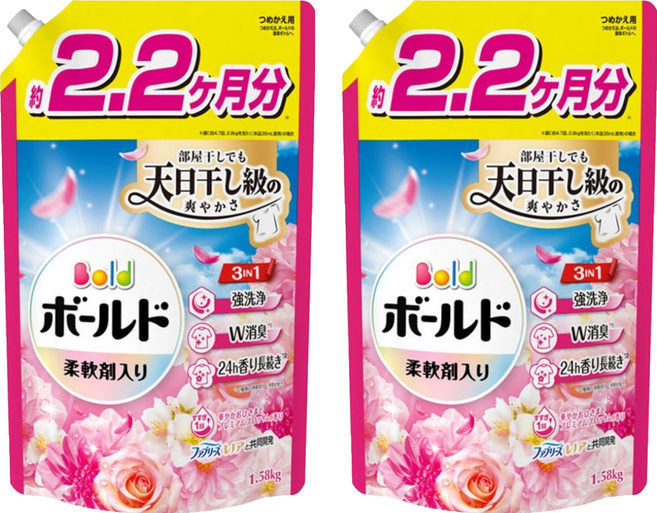 Bold 日本原裝進口 超濃縮衣物芳香洗衣精 牡丹花香 補充包 粉紅色, 2個, 1.58kg