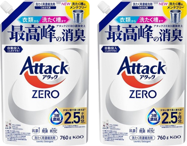 Attack ZERO 直立洗衣機專用濃縮洗衣精補充包, 760g, 2個
