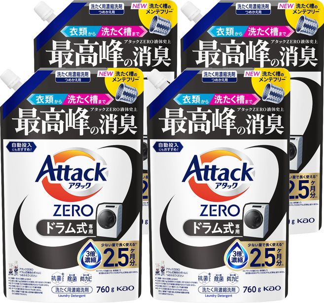 Attack ZERO 滾筒洗衣機專用濃縮洗衣精 補充包, 760g, 4個