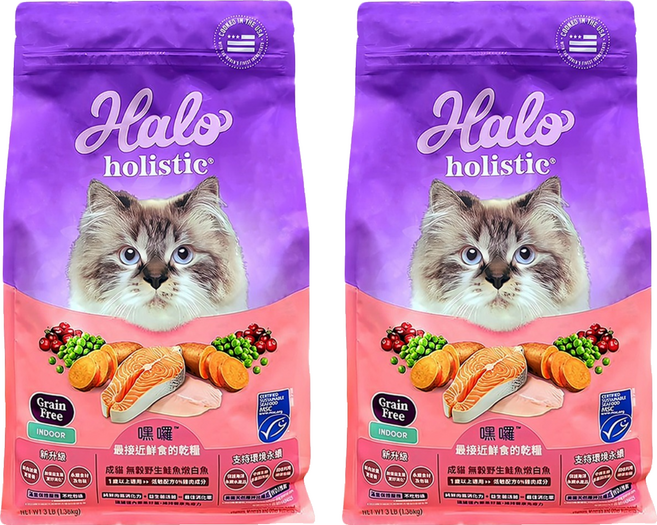 Halo 嘿囉 成貓用 無穀乾糧, 野生鮭魚燉白魚, 1.36kg, 2袋