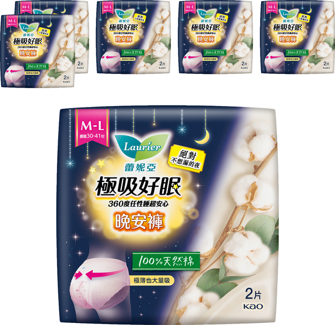 Laurier 蕾妮亞 純棉晚安褲夜用衛生棉 褲型, 6套, 2片, M~L