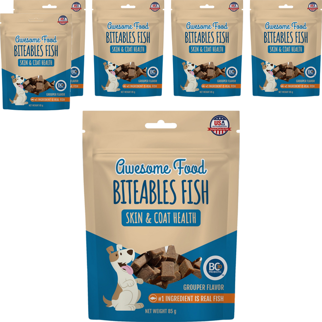 BITEABLES FISH 益口鮮 犬用益生菌皮毛保健魚丁, 85g, 6包, 石斑魚風味