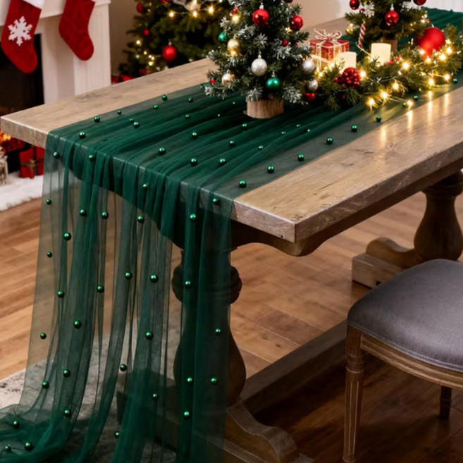 알럽홈 비즈 레이스 쉬폰 파티 테이블러너 L261-0092, 그린, 1개, 160 x 100 cm