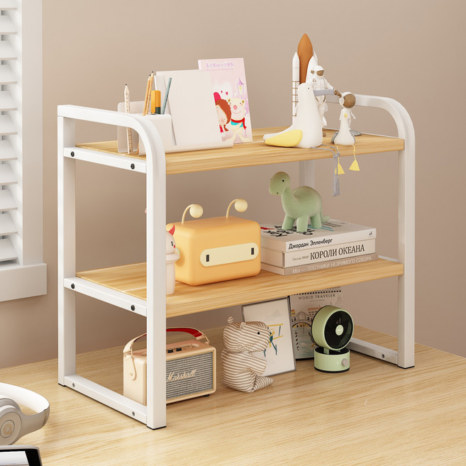 르벤아트 책상 정리 공간 수납 다용도 소형 선반, 화이트 + 우드, 2단