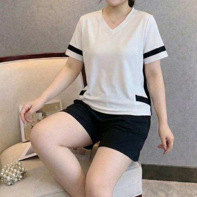 INFIOUS 女款大尺碼撞色運動短袖短褲套裝 I263-0190