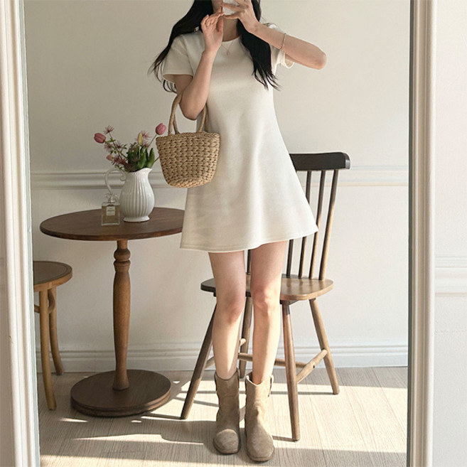 saystyle Roe短袖圓領修身A字迷你長版洋裝 迷你, 象牙白
