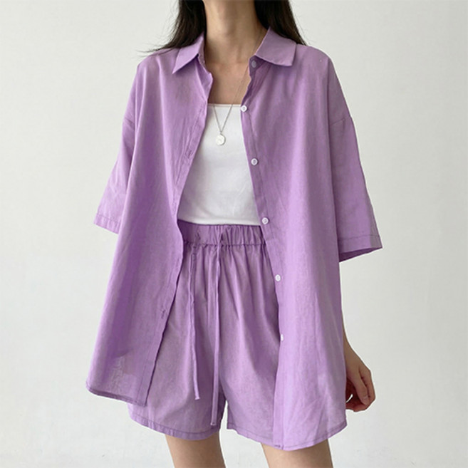 아이캔심플 여성용 비비드 루즈핏 반팔 셔츠 + 반바지 세트