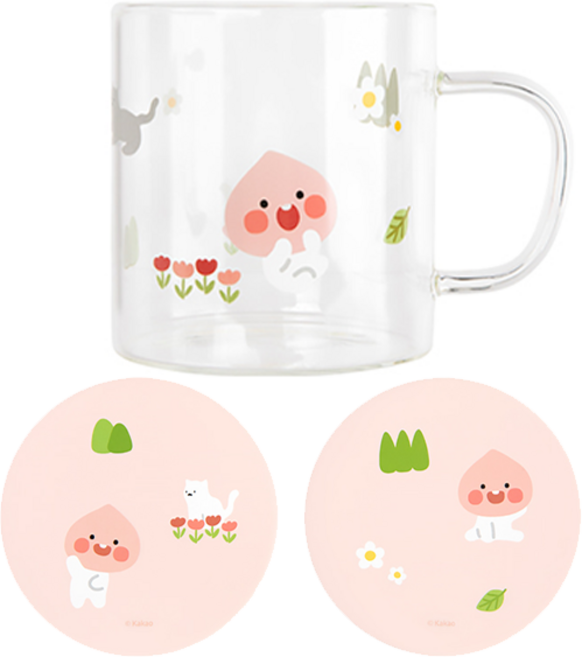 KAKAO FRIENDS Apeach印花玻璃馬克杯+杯墊 2入, 1套