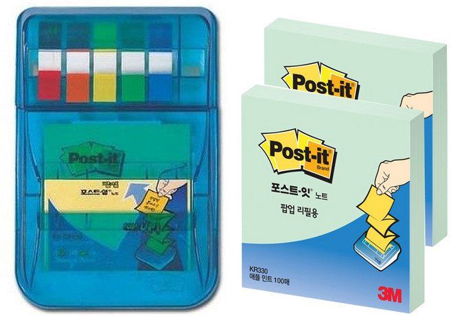 포스트잇 팝업 디스펜서 KR-2001 + 메모지 리필 KR330 2p + 플래그, 혼합색상(디스펜서), 애플민트(메모지), 1세트
