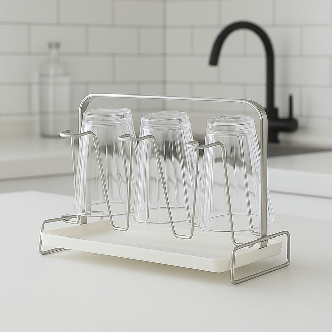 바른리빙 레브 스텐 컵걸이 홀더 6구 + 받침대 세트, 실버, 1세트