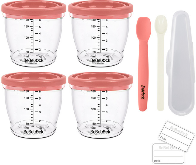 베베락 엘파 밀폐 이유식 용기 4p + 실리콘 스푼 1단계 + PP 스푼, 180ml, 피치핑크, 1세트