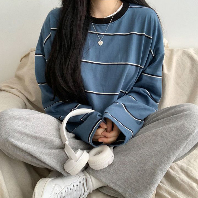 디멜디 여성용 오버 루즈핏 줄무늬 데일리 긴팔 티셔츠