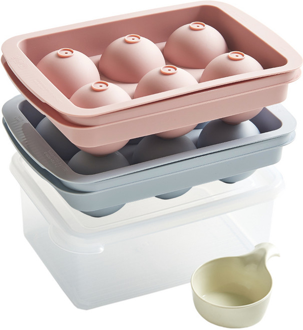 이지앤프리 아이스볼메이커 6구 2종 + 얼음 보관통 + 원형 스쿱 세트, 코랄핑크 + 스카이블루 + 투명 + 아이보리+, 1세트