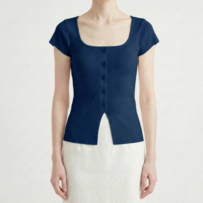 소니오 여성용 버튼다운 슬릿 반팔 니트