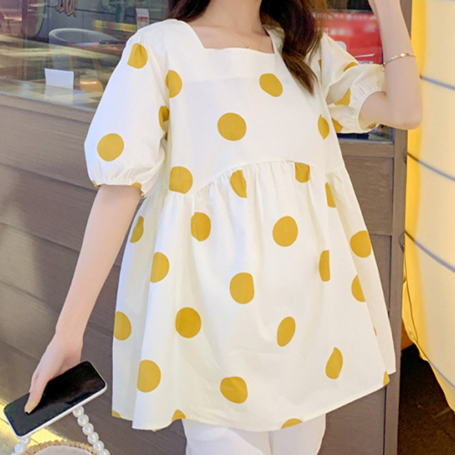 임산부 왕도트 퓨어 퍼프 반소매 블라우스 원피스