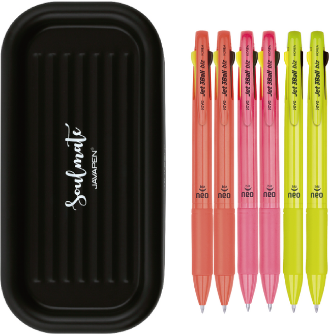 자바펜 제트 3볼 Biz 네오 0.7 유성 흑 + 적 + 0.5 형광 펜 3종 x 2p + 펜트레이 세트, 옐로우, 오렌지, 핑크(펜), 블랙(트레이), 1세트
