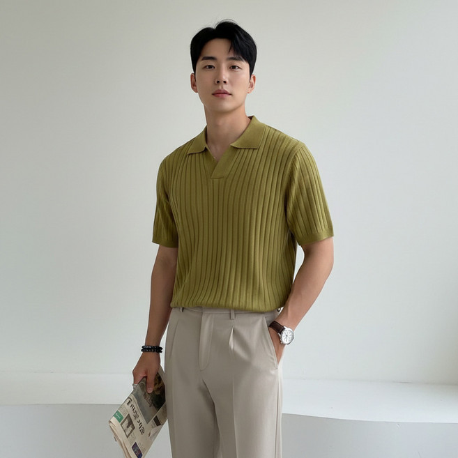 인피어스 남성용 슬림핏 오픈 카라 반팔 니트 I263-117