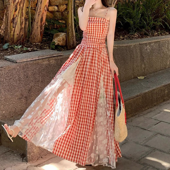 마켓에이 여성용 체크 시스루 슬리브리스 롱원피스 M263-0067