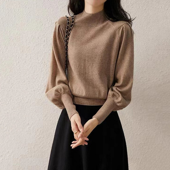 엘쏘 여성용 셔링 퍼프 소매 데일리 반폴라 긴팔 니트